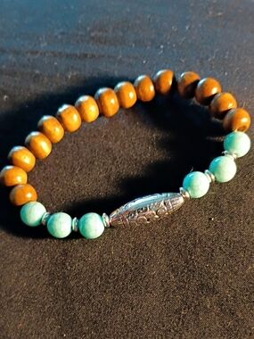Turquoise & Brown Beaded Stretch Bracelet with Silver Accent